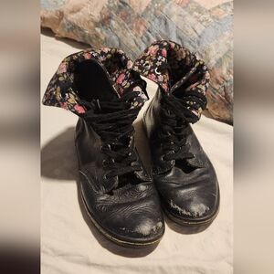 Dr. Martens Floral Lined Black Leather Women's Flat Boots